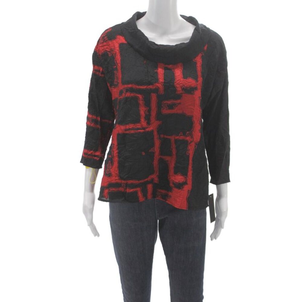 Sydney Women Tunic Blouse Black Geometric Cowl Neck 3/4 Sleeve Size XS